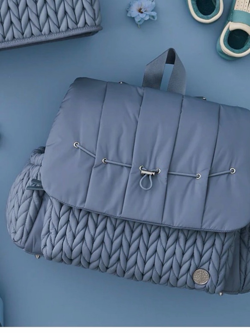 Stylish Slate Blue Quilted & Knit-Texture Baby Bag Backpack HAPP